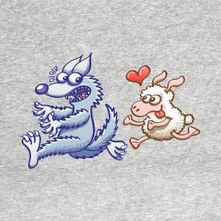 Crazy ewe in love running after a frightened wolf T-Shirt